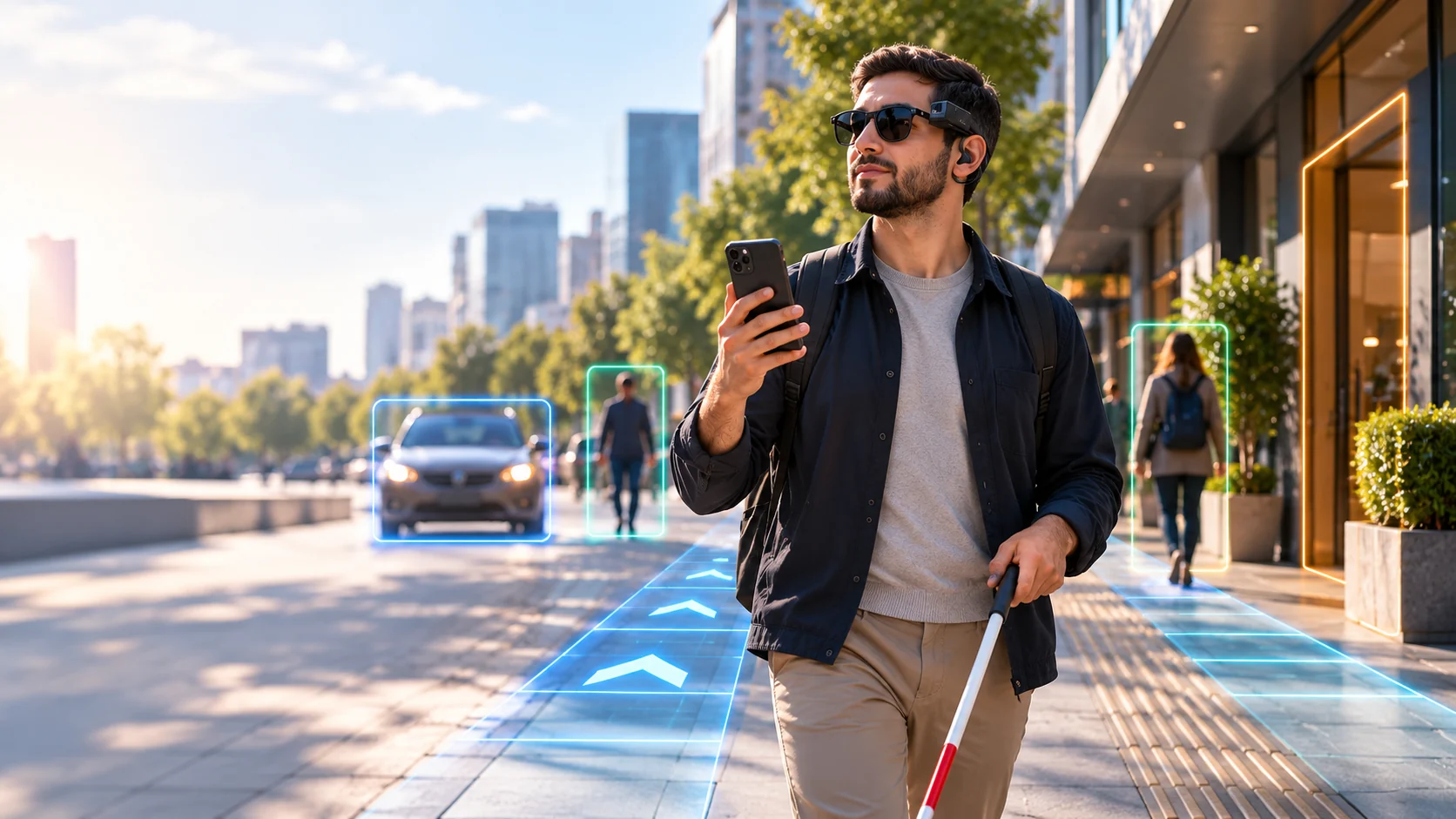 Blind user walking confidently with a smartphone, white cane, open-ear audio and a small wearable camera concept while BASIRA interprets the surroundings
